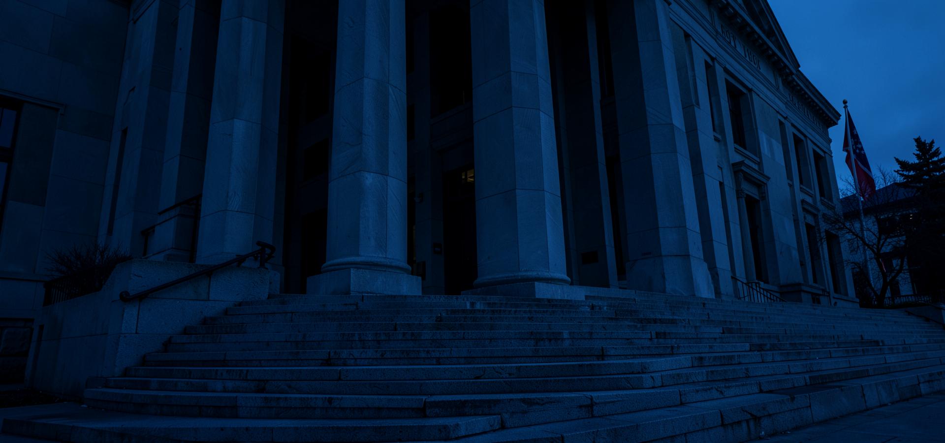 Escadaria e colunas de um tribunal ao anoitecer