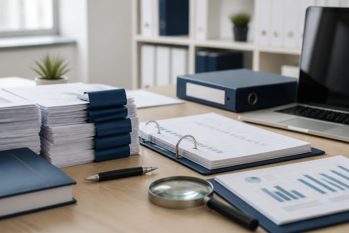 Relatórios de auditoria e conformidade sobre uma mesa