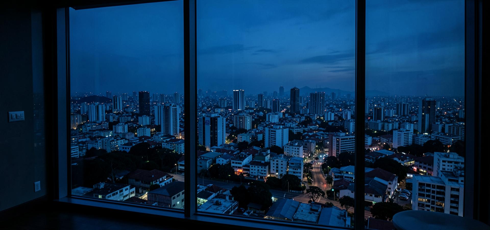 Vista da cidade ao entardecer a partir de um escritório