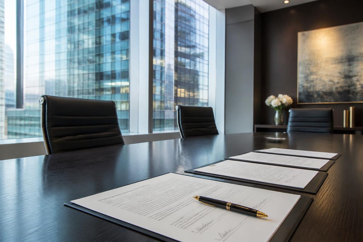 Mesa de reunião corporativa com contratos assinados
