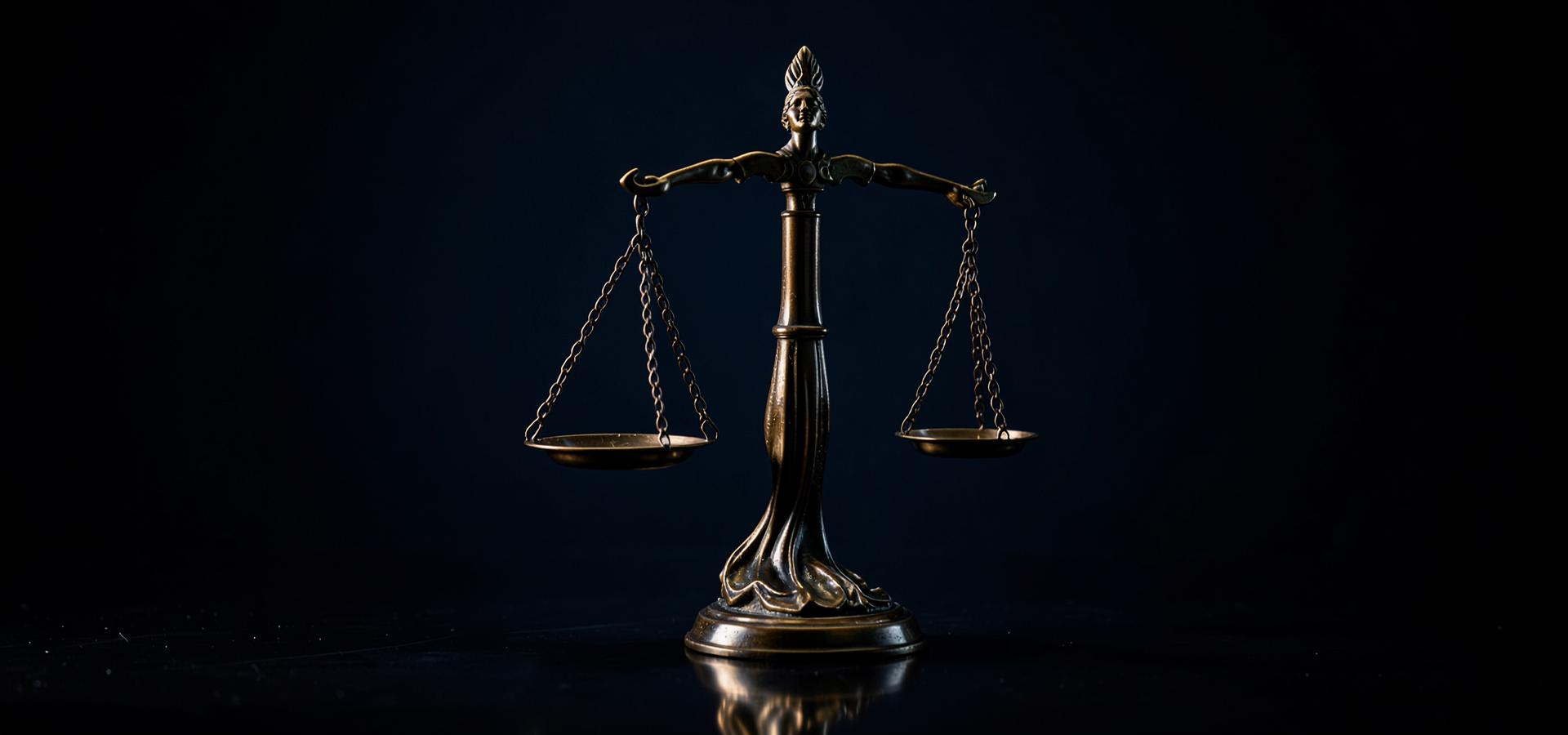 Balança da justiça em bronze sobre fundo escuro